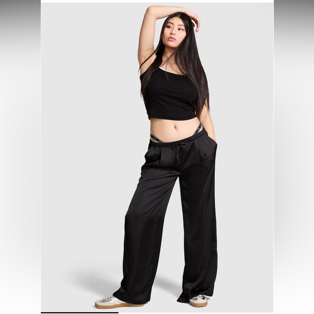 PINK Black Satin Wide-Leg Pants